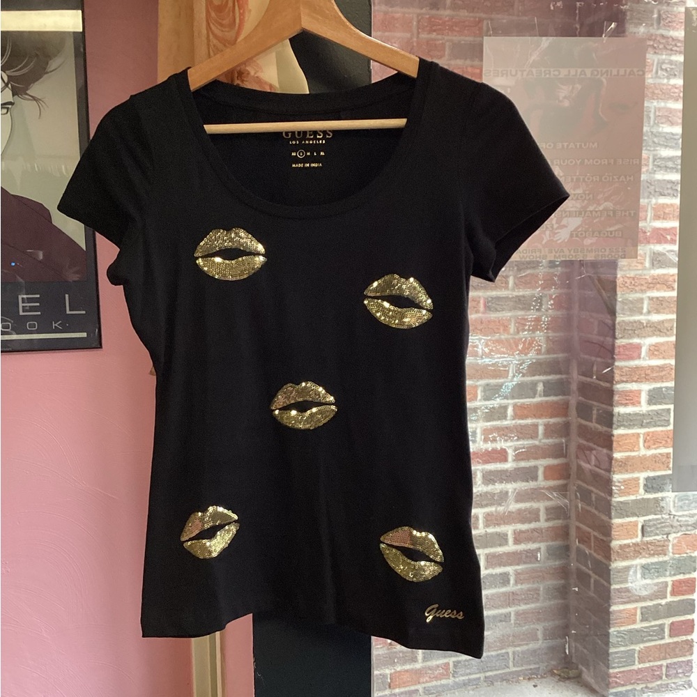 Guess Black Tee with Gold Lip Accents